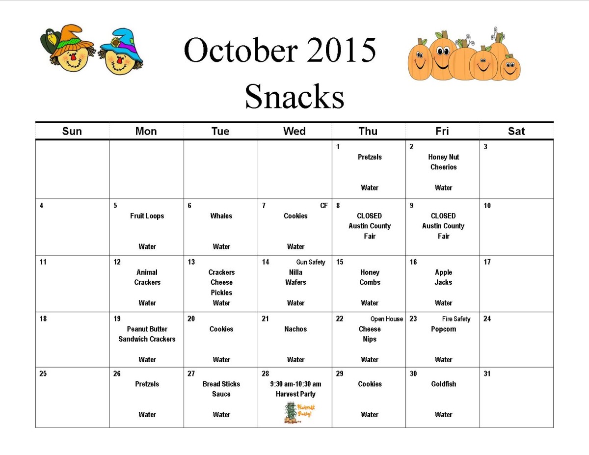 Monthly Snack Calendar Preschool at Trinity Lutheran Church