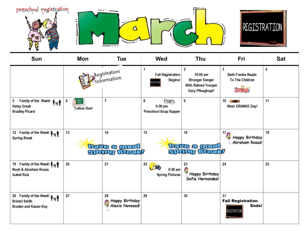 Monthly Event Calendar | Preschool at Trinity Lutheran Church