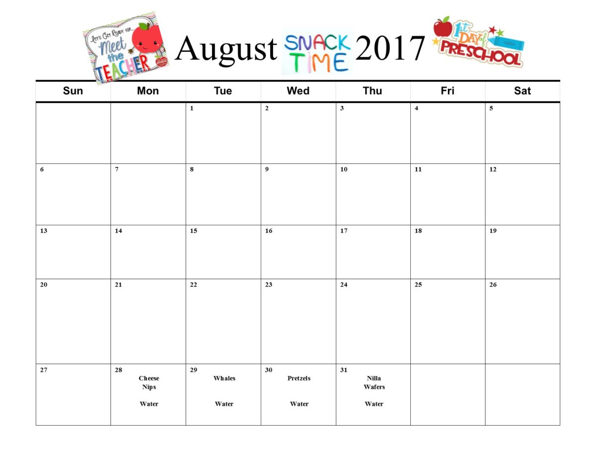 Monthly Snack Calendar | Preschool at Trinity Lutheran Church