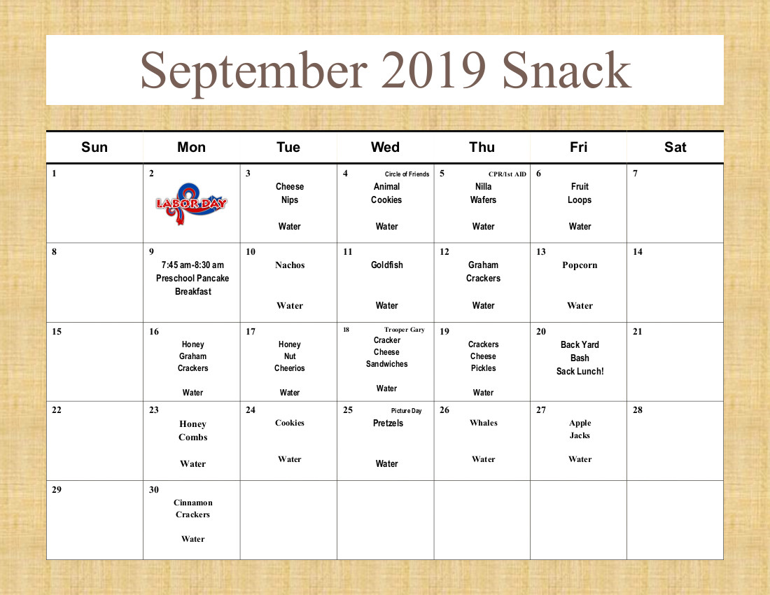 Free Printable Snack Calendar