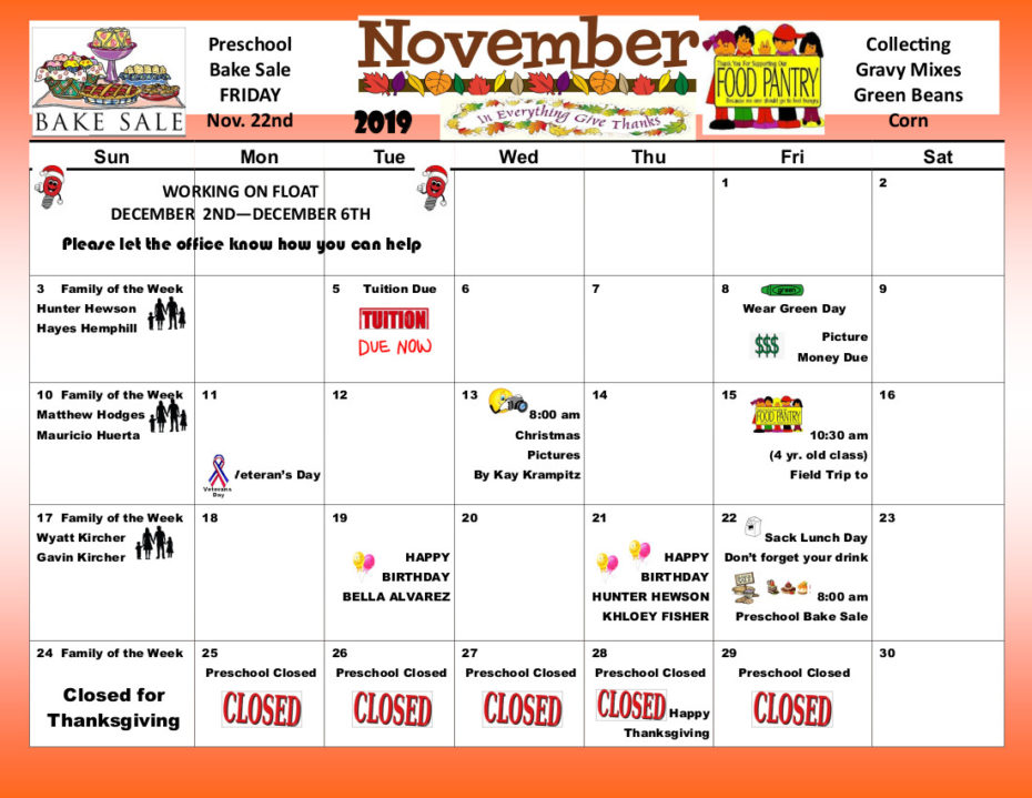 Monthly Event Calendar Preschool at Trinity Lutheran Church