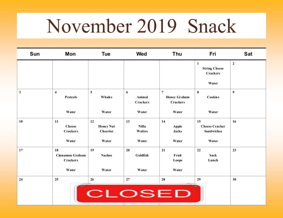 Monthly Snack Calendar Preschool at Trinity Lutheran Church