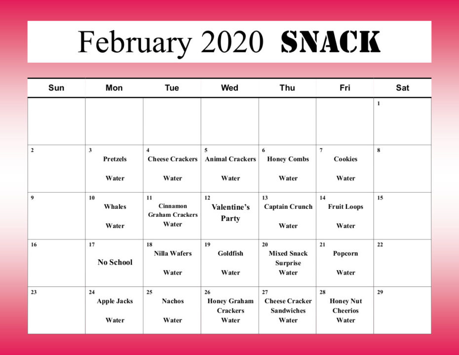 Monthly Snack Calendar Preschool At Trinity Lutheran Church